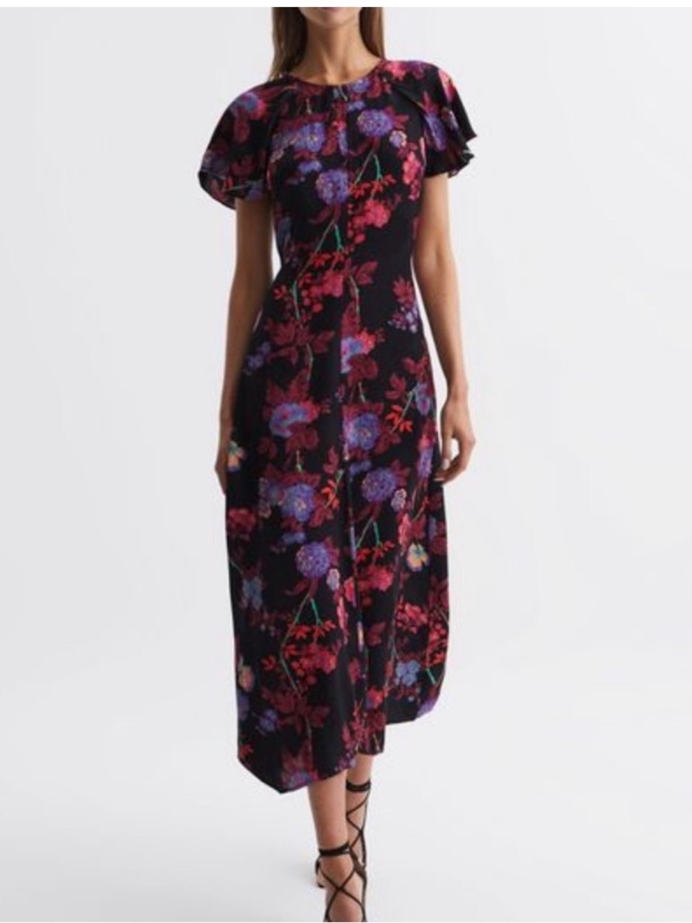 Reiss Black Dress with Red and Blue Floral Print